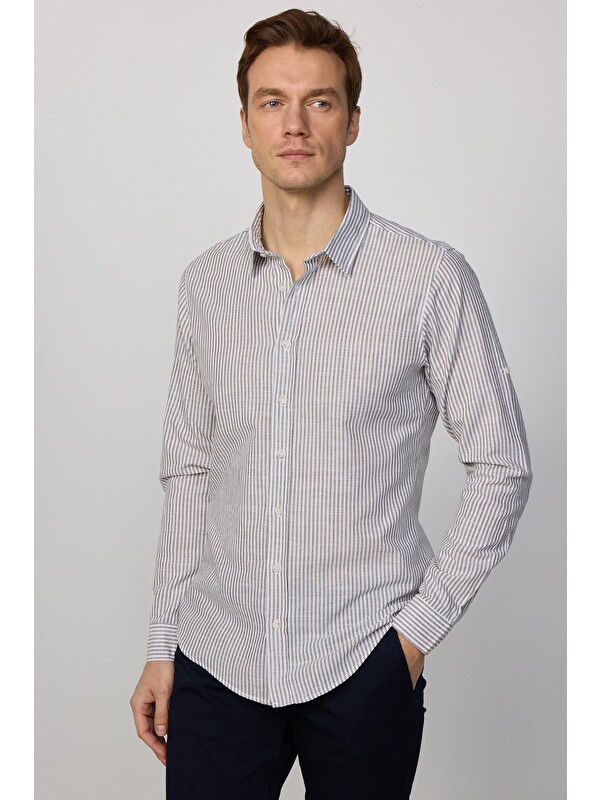 TUDORS Erkek Slim Fit Dar Kesim Uzun Kollu %100 Pamuk Keten Doku Çizgili Gömlek