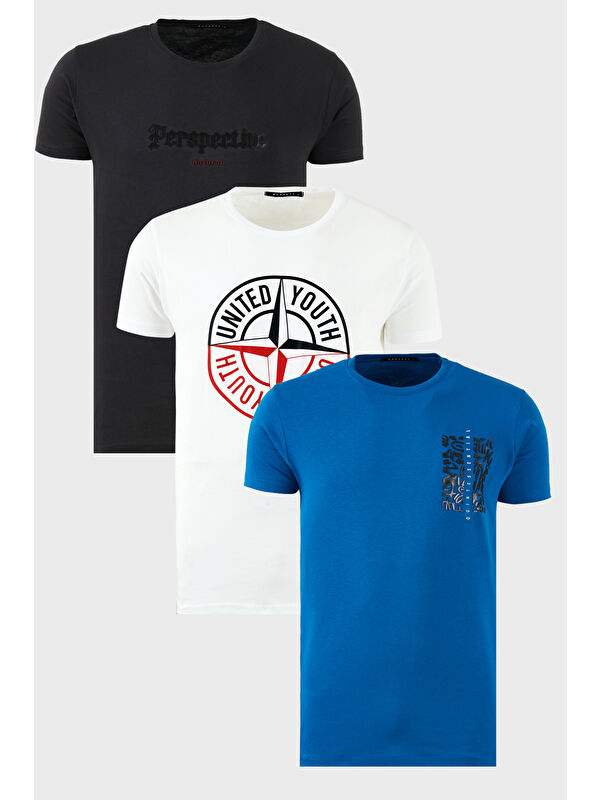 Buratti Pamuklu Slim Fit Bisiklet Yaka Baskılı 3'lü Paket %100 Pamuk Tişört 541S31