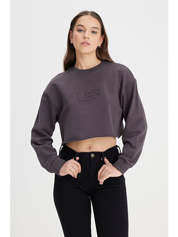 Lee Bisiklet Yaka %100 Pamuk Siyah Crop Sweatshirt