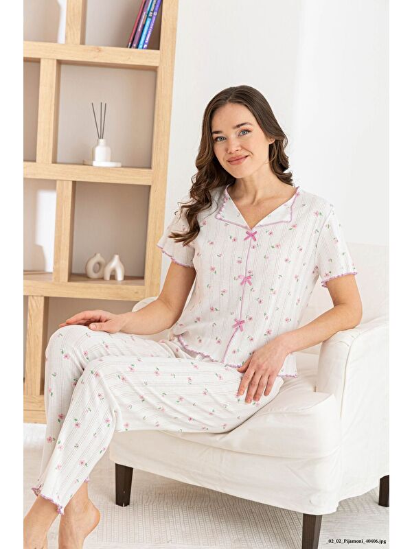 Formo Kadın %100 Pamuk Kurdele/Fiyonklu Kısa Kollu Fitilli Kaliteli Örme Pijama Takımı