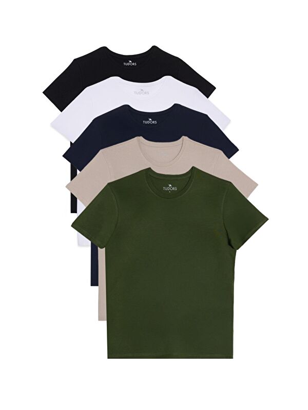 TUDORS Unisex 5'Li Pkt Siyah-Beyaz-Lacivert-Vanilya-Haki Slim Fit Dar Kesim %100 Pamuk Bisiklet Yaka Tişört