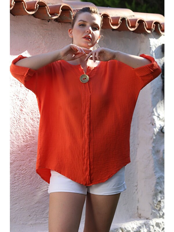 Chiccy Narçiçeği Havuz Yaka Düğmeli 3/4 Kol Yıkamalı Casual Müslin Dokuma Bluz 75 70