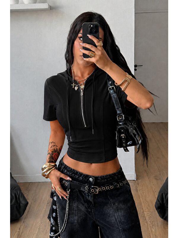 Tarz Cool Kapüşonlu Crop Tişört Fermuarlı Kısa Kollu Kadın Üst Body