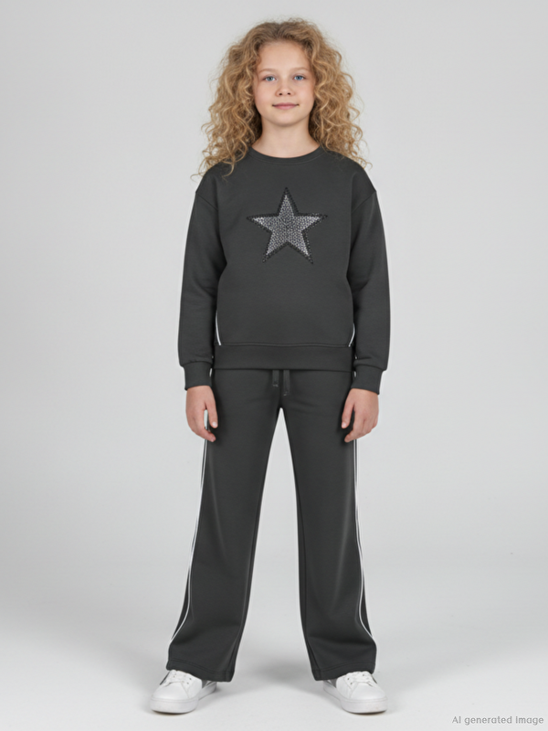 Alg Bisiklet Yaka Kız Çocuk Baskılı Sweatshirt ve Eşofman Alt 2'li Takım