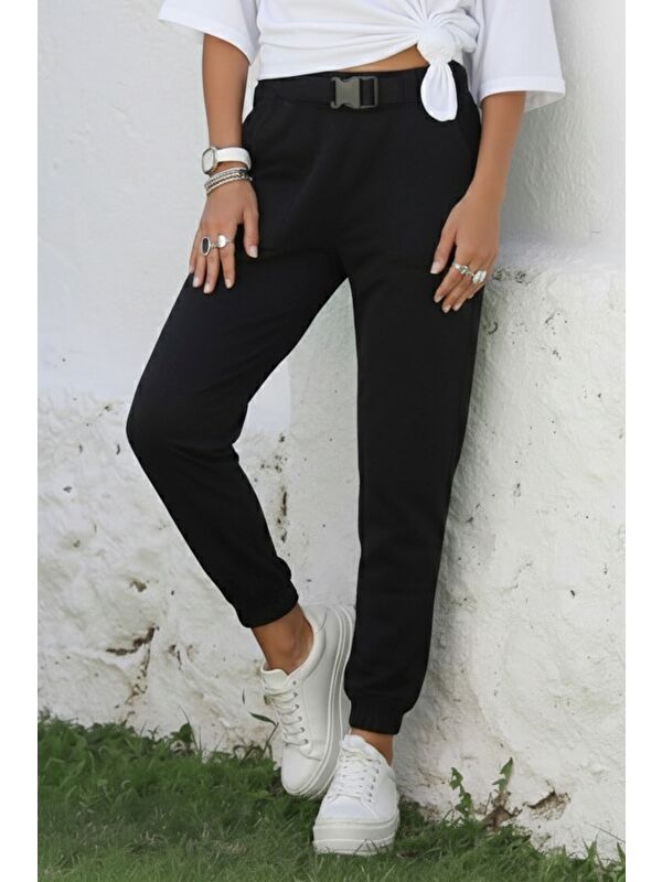 Chiccy Siyah Kemer Tokalı Lastikli Bel Casual Gabardin Dokuma Pantolon 100 55