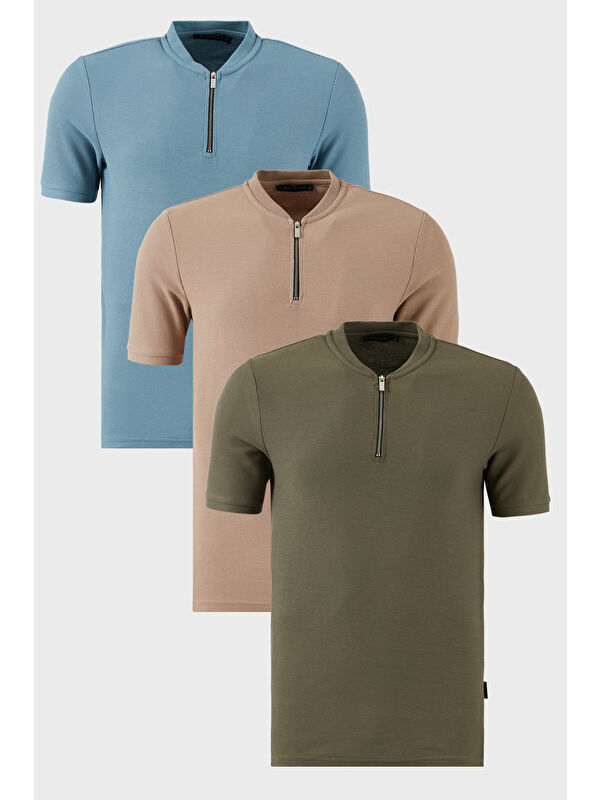 Buratti Pamuklu Regular Fit Yarım Fermuarlı Kolej Yaka 3'lü Paket Tişört 5902653S3