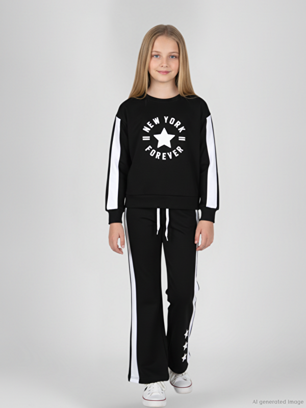 Alg Bisiklet Yaka Kız Çocuk Baskılı Sweatshirt ve Eşofman Alt 2'li Takım