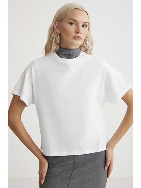 GRIMELANGE LOTTIE Kadın %100 Organik Pamuklu Regular Kalıp Bisiklet Yaka Basic Kısa Kollu BEYAZ T-Shirt