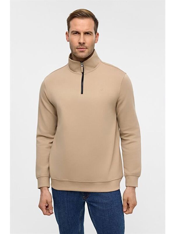 Süvari Bej Regular Düz Yarım Balıkçı Yaka Sweatshirt