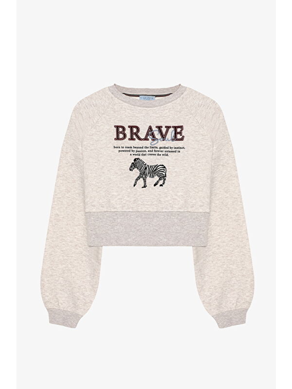 QUZU Zebra Nakışlı Sırtı Fermuarlı Sweatshirt Bej