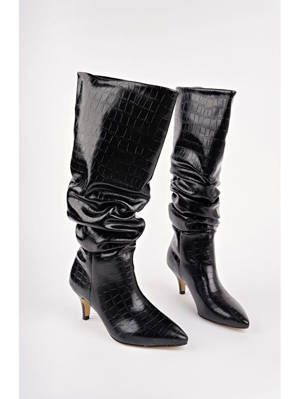 RUMBA Sivri Burun Kırışık Kroko Desenli İnce Topuklu Kadın Çizme - Görsel 3