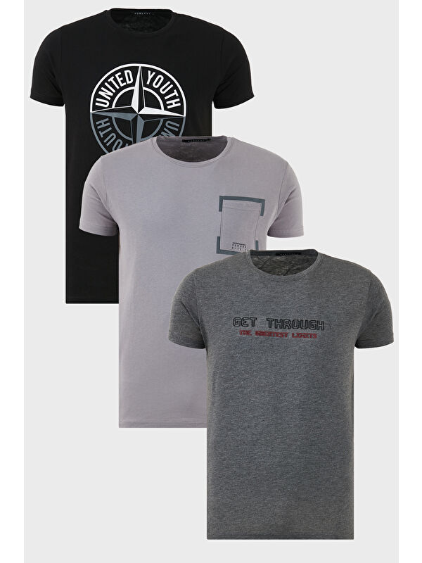 Buratti Pamuklu Slim Fit Bisiklet Yaka Baskılı 3'lü Paket %100 Pamuk Tişört 541S31