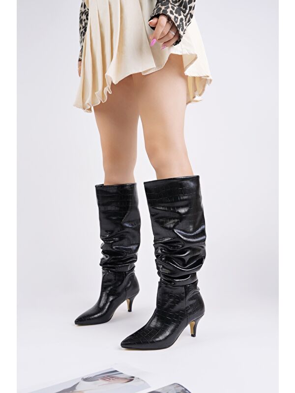 RUMBA Sivri Burun Kırışık Kroko Desenli İnce Topuklu Kadın Çizme - Görsel 4