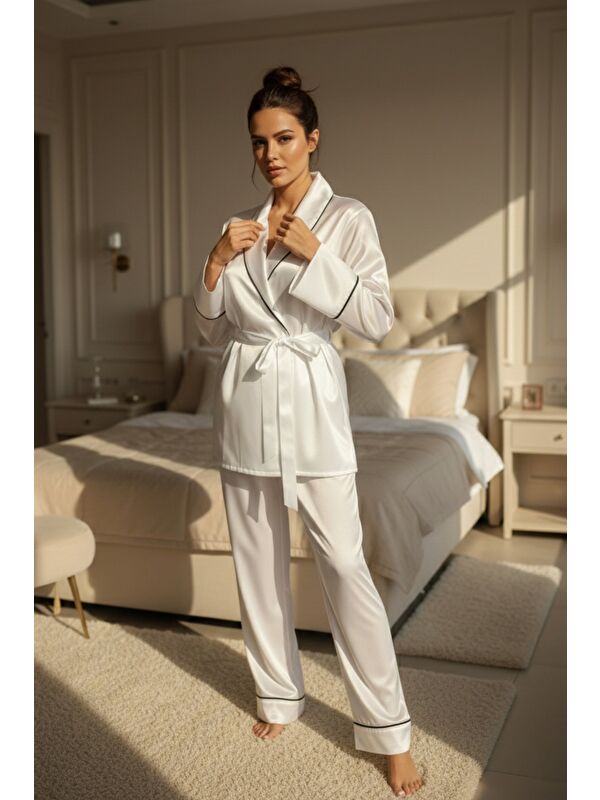 MİSS DÜNYA LİSSA Beyaz Soft Glow Şal Yaka Uzun Kol Saten Pijama Takımı