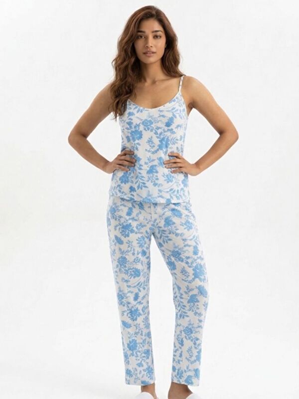 Trendseninle Kadın Mavi Desenli İp Askılı Bürümcük Uzun Premium Pijama Takım