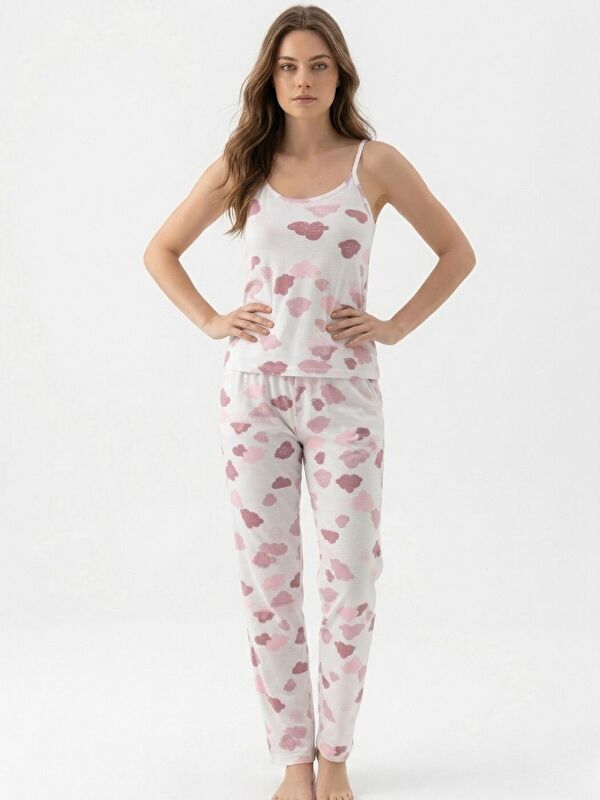 Trendseninle Kadın Pembe Bulut Desenli İp Askılı Bürümcük Uzun Premium Pijama Takım
