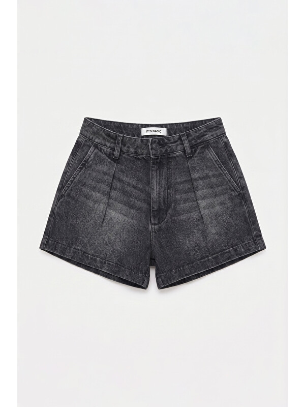 It's Basic Kadın Koyu Füme 2s6-1 Mini Pileli Denim Şort