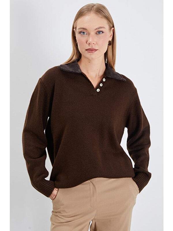 Fullamoda Kadife Polo Yaka Triko Kazak