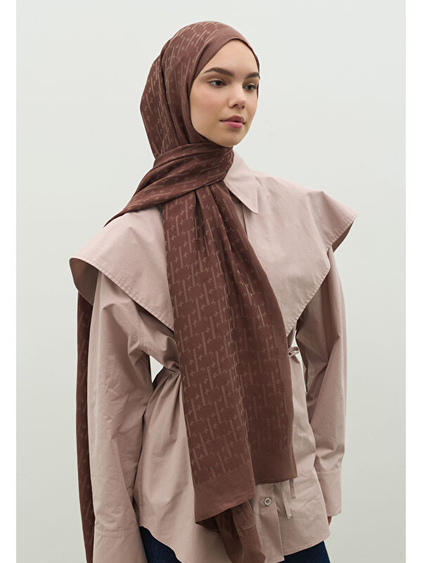 Fresh Scarfs MONOGRAM PAMUK FLOŞ JAKARLI ŞAL KAKAO