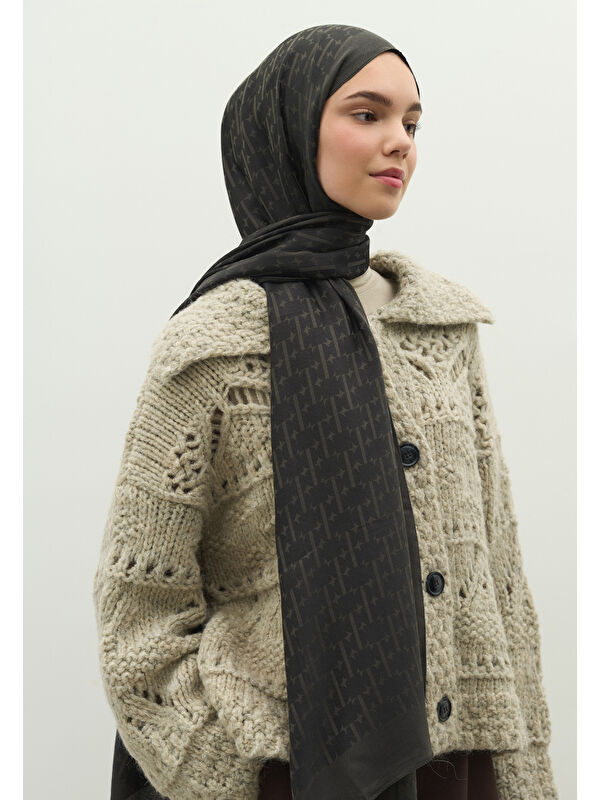 Fresh Scarfs MONOGRAM PAMUK FLOŞ JAKARLI ŞAL KÖMÜR
