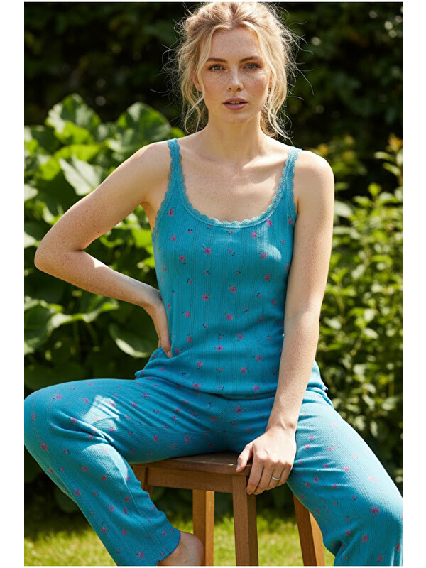 Siyah İnci yeşil çiçek desenli Pamuklu Pointel Ajurlu/Delikli Askılı Örme Pijama Takım 26120640