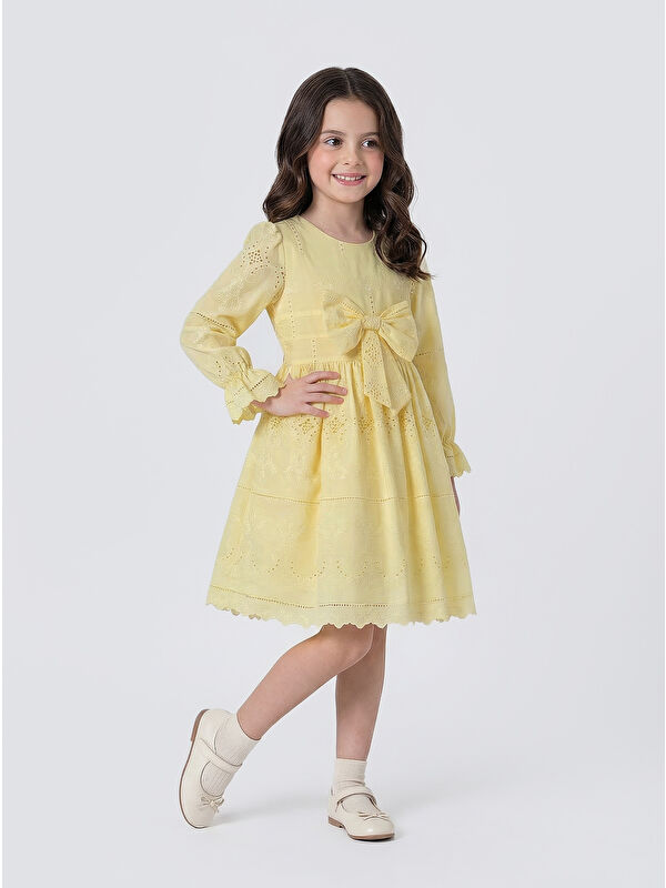 Pina Kids Kız Çocuk Uzun Kollu Önü Kurdelalı Fisto Elbise