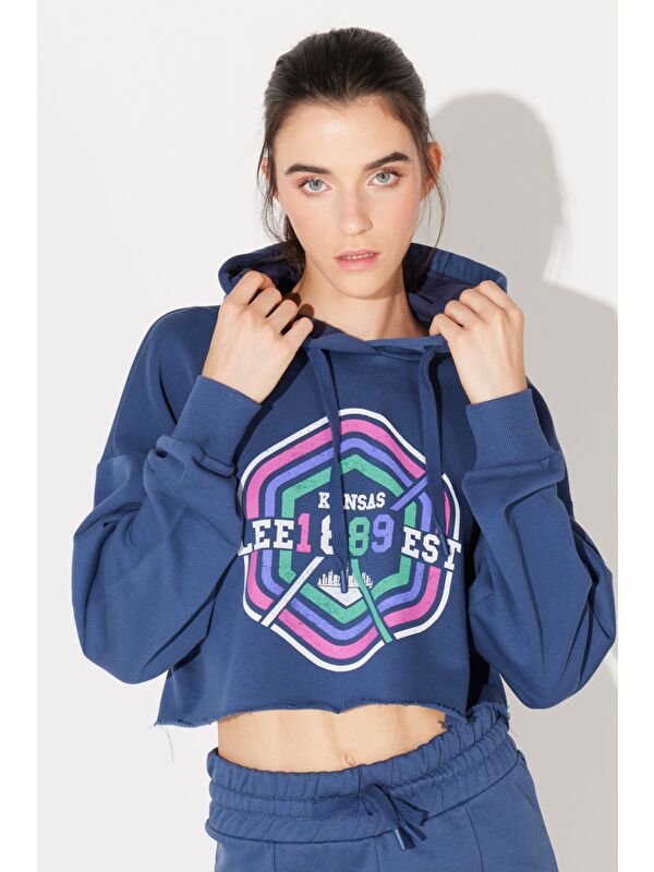 Lee Regular Fit Normal Kesim Kapüşonlu Şardonlu Crop Mavi Sweatshirt