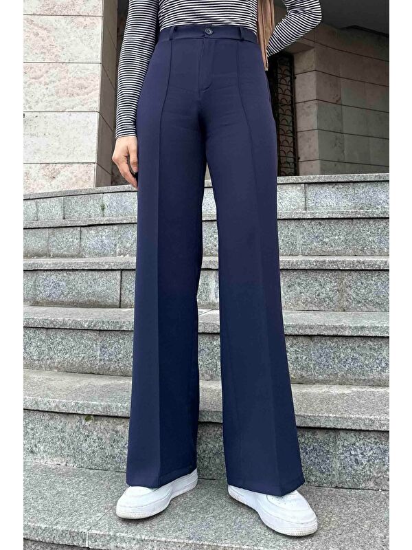 Lamelif Çımalı Bol Paça Pantolon Lacivert