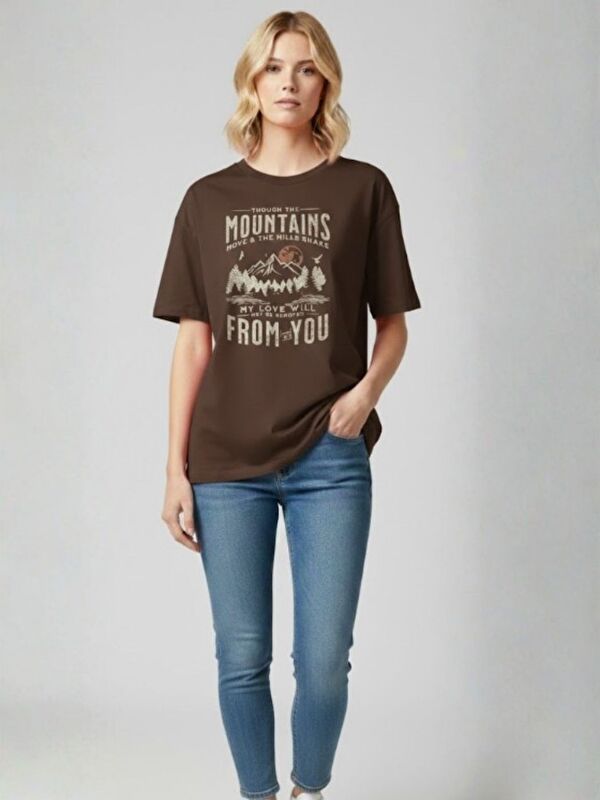 Trendseninle Kadın Kahve Mountains From You Baskılı Tasarım Tişört
