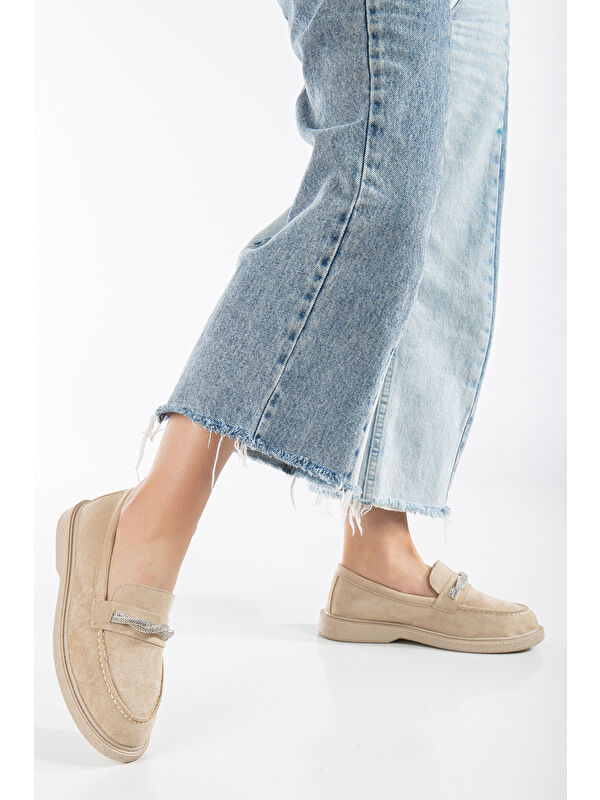 Kadın Ten Süet Rahat Kalıp Önü Sarmal Taşlı Günlük Loafer - Görsel 3