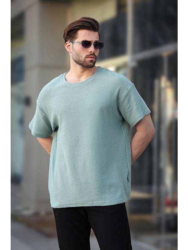 Madmext Mint Yeşili Bisiklet Yaka Oversize Erkek Tişört E7134