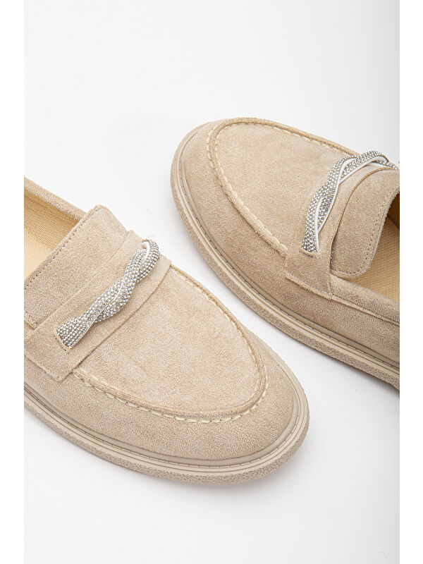 Kadın Ten Süet Rahat Kalıp Önü Sarmal Taşlı Günlük Loafer - Görsel 4