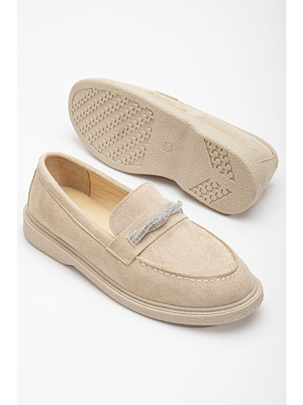 Kadın Ten Süet Rahat Kalıp Önü Sarmal Taşlı Günlük Loafer - Görsel 5