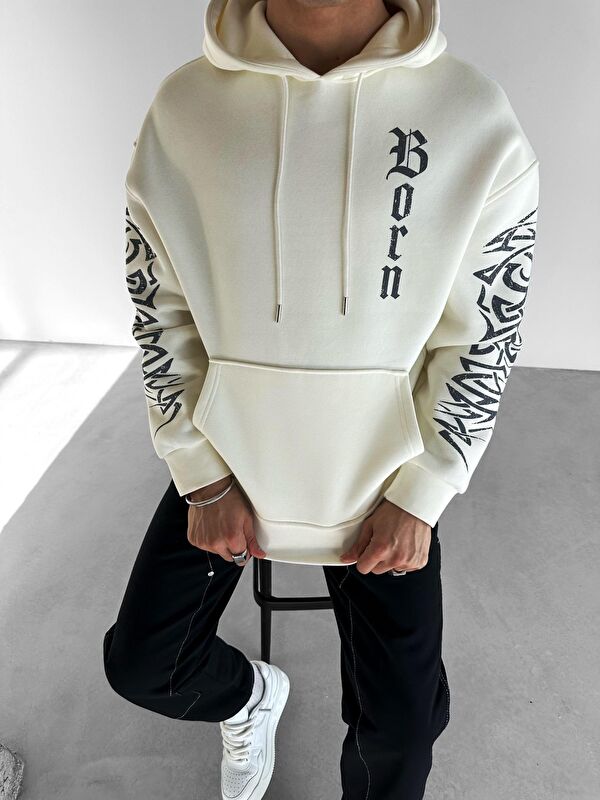 Abluka Online Oversize Baskılı Kapüşonlu Sweatshirt Ekru