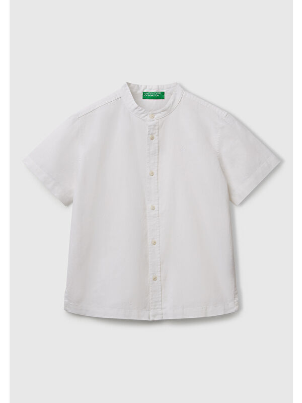 United Colors Of Benetton Erkek Çocuk Ekru Keten Karışımlı Hakim Yaka Kısa Kollu Gömlek