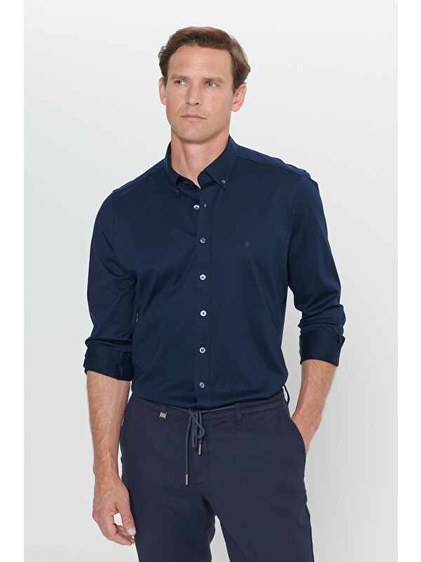 Altınyıldız Classics Erkek Lacivert Slim Fit Dar Kesim Düğmeli Yaka Gömlek