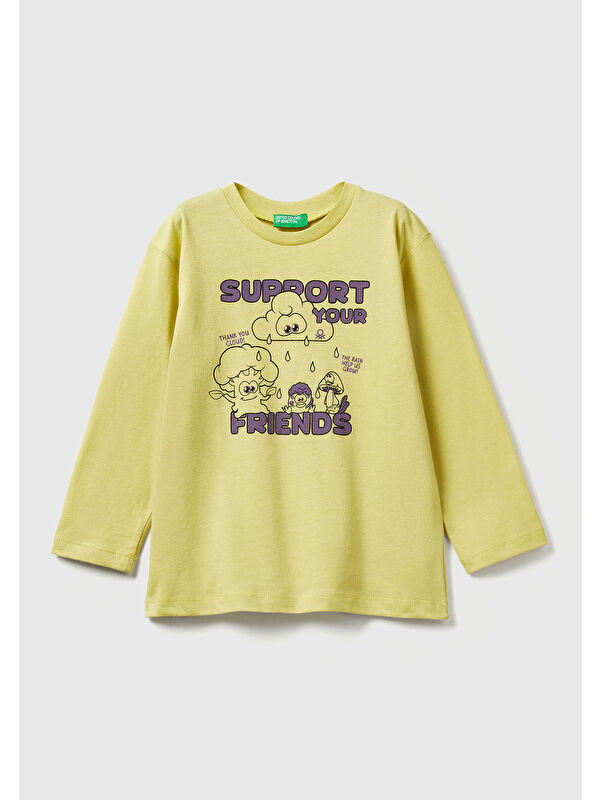 United Colors Of Benetton Erkek Çocuk Hardal Baskılı Relaxed Fit Jarse Uzun Kollu T-shirt