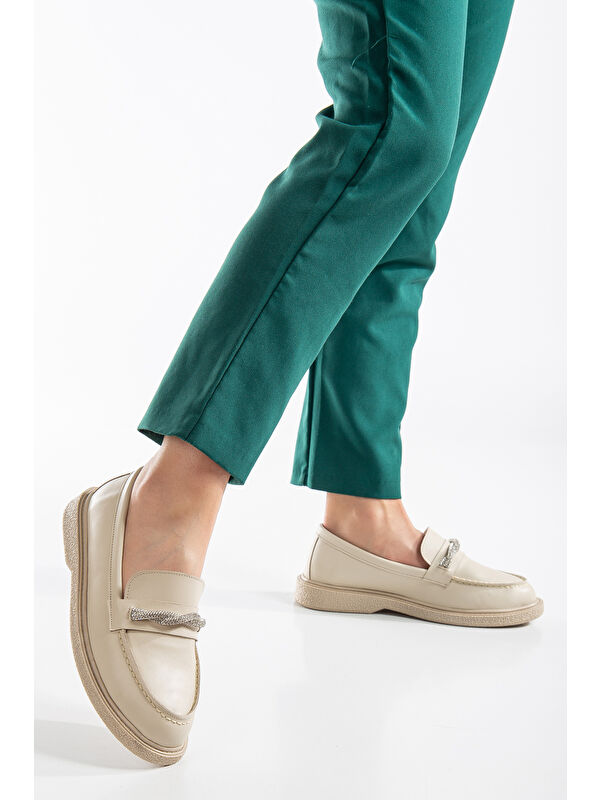 Kadın Ten Cilt Rahat Kalıp Önü Sarmal Taşlı Günlük Loafer - Görsel 3