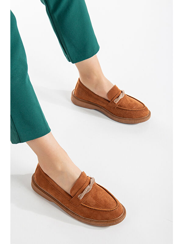 Kadın Taba Süet Rahat Kalıp Önü Sarmal Taşlı Günlük Loafer - Görsel 3