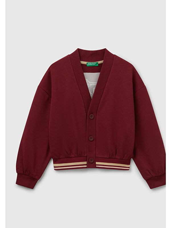 United Colors Of Benetton Kız Çocuk Bordo Payet İşlemeli Ucu Çizgili Sweatshirt Hırka