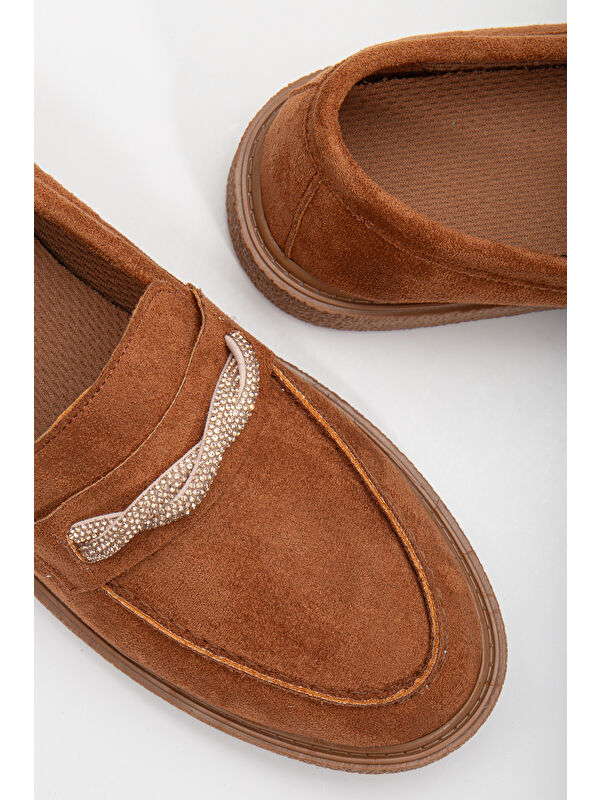 Kadın Taba Süet Rahat Kalıp Önü Sarmal Taşlı Günlük Loafer - Görsel 4