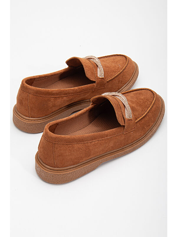 Kadın Taba Süet Rahat Kalıp Önü Sarmal Taşlı Günlük Loafer - Görsel 5