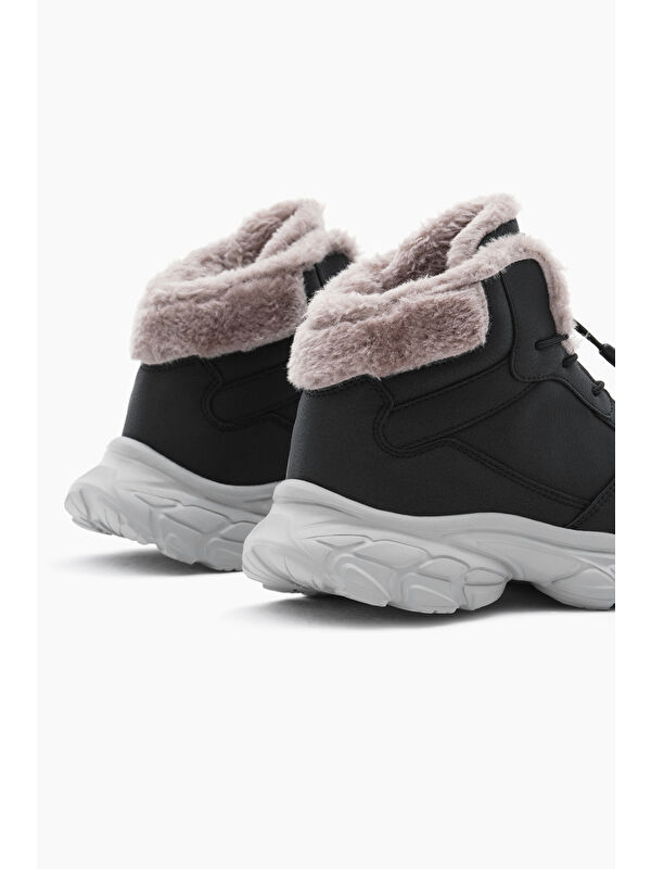 Çocuk Unisex Siyah Faylon Taban İçi Kürklü Lastik Bağcıklı Bot - Görsel 6