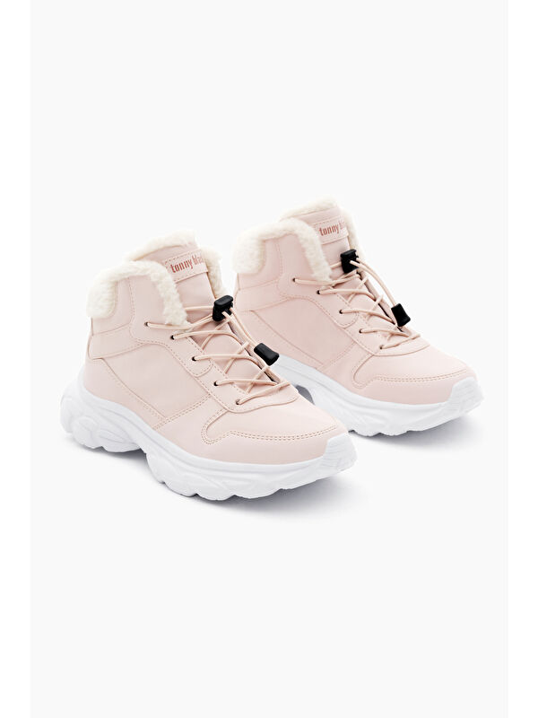 TONNY BLACK Çocuk Unisex Pudra Faylon Taban İçi Kürklü Lastik Bağcıklı Bot