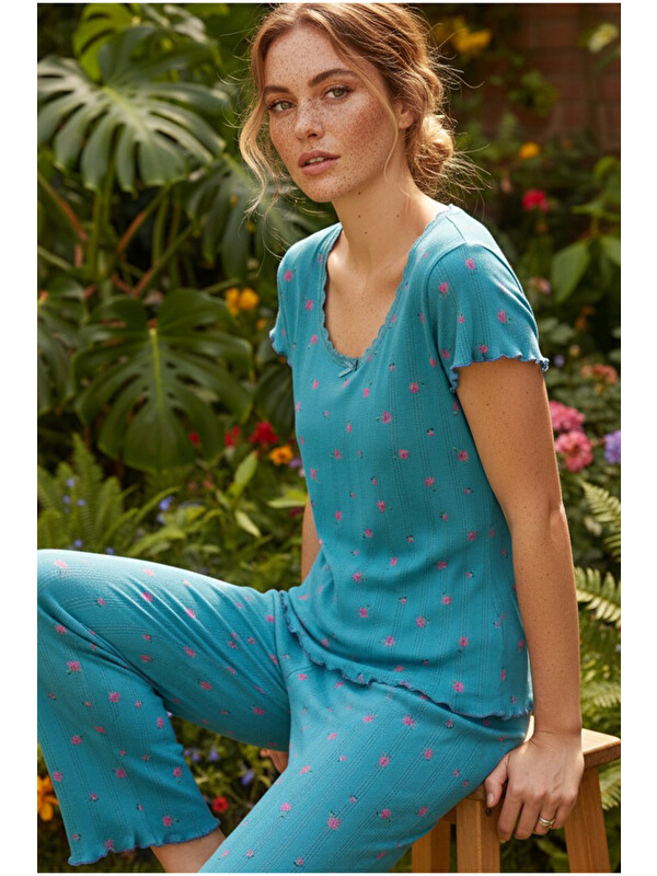 Siyah İnci yeşil çiçek desenli Pamuklu Pointel Ajurlu/Delikli Kısa KolluÖrme Pijama Takım 26120641