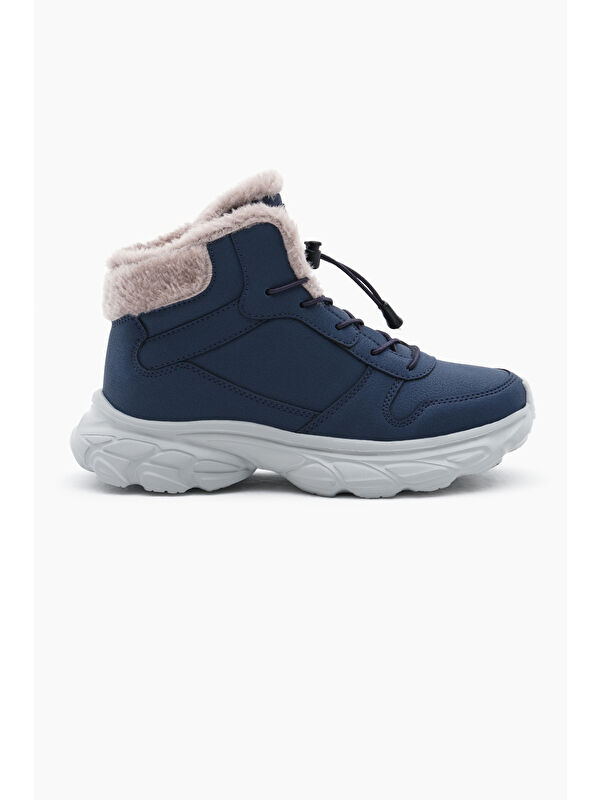 Çocuk Unisex Lacivert Faylon Taban İçi Kürklü Lastik Bağcıklı Bot - Görsel 3
