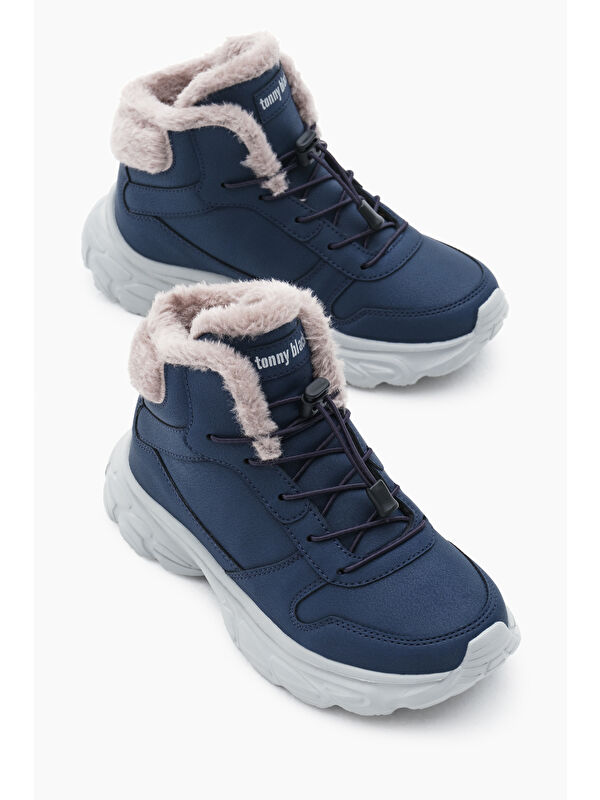 Çocuk Unisex Lacivert Faylon Taban İçi Kürklü Lastik Bağcıklı Bot - Görsel 4
