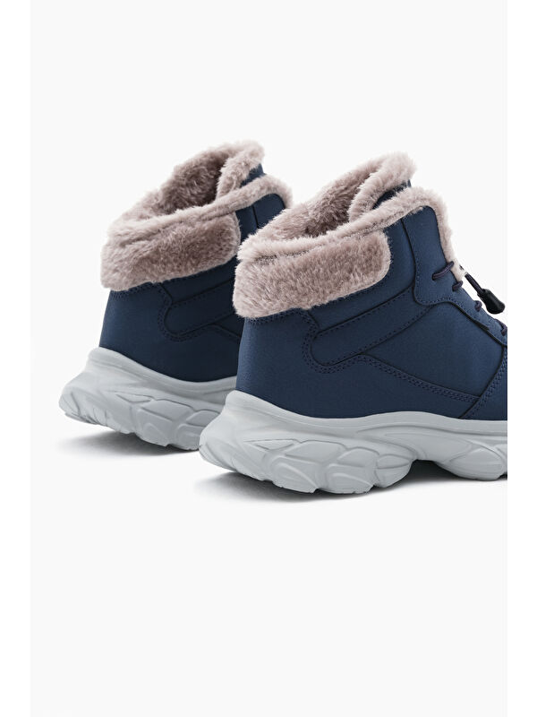 Çocuk Unisex Lacivert Faylon Taban İçi Kürklü Lastik Bağcıklı Bot - Görsel 6