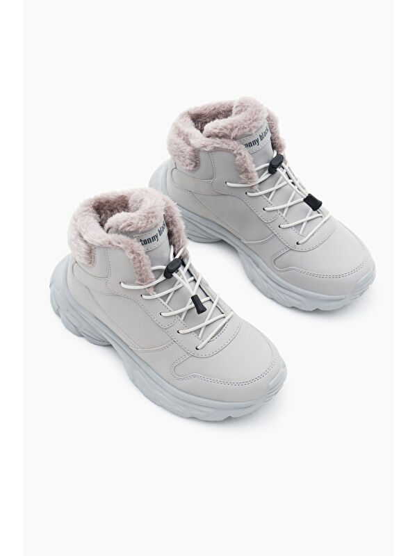 Çocuk Unisex Gri Faylon Taban İçi Kürklü Lastik Bağcıklı Bot - Görsel 3