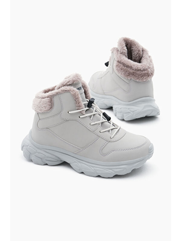 Çocuk Unisex Gri Faylon Taban İçi Kürklü Lastik Bağcıklı Bot - Görsel 4